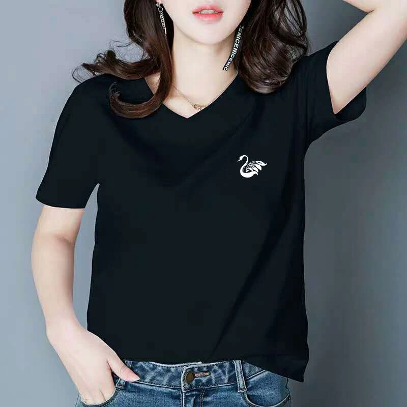 2023新款黑白色V领鸡心领T恤女短袖半袖简约休闲印花宽松t恤女