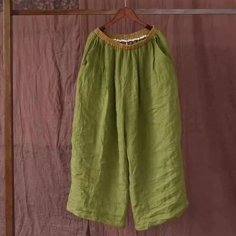 断码特价捡漏欧货中式复古宽松棉麻阔腿裤亚麻松紧腰撞色休闲裤