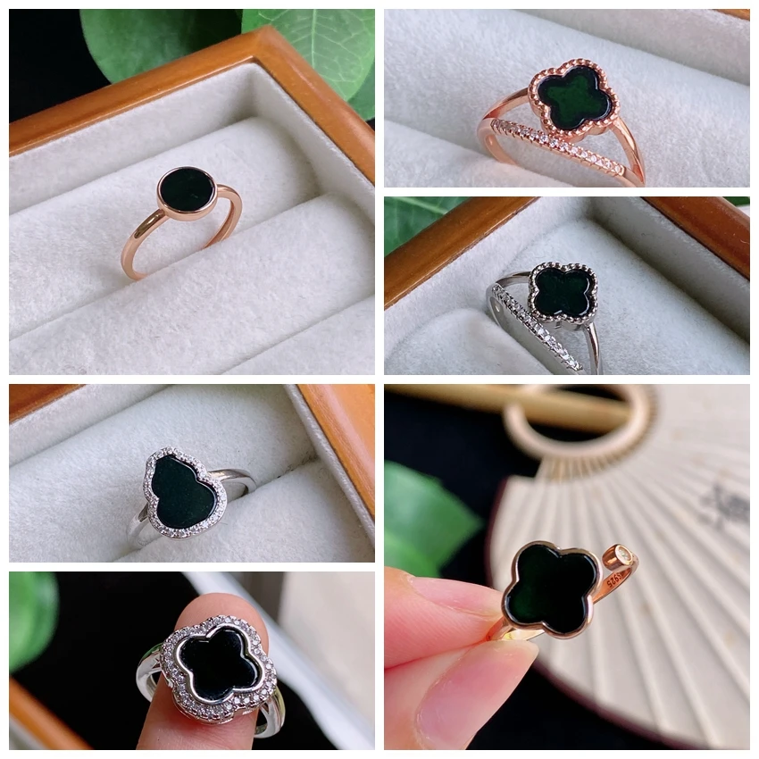 带证书翡翠甄选·天然A货镶嵌款墨翠复古翡翠女士戒指指环时尚素款