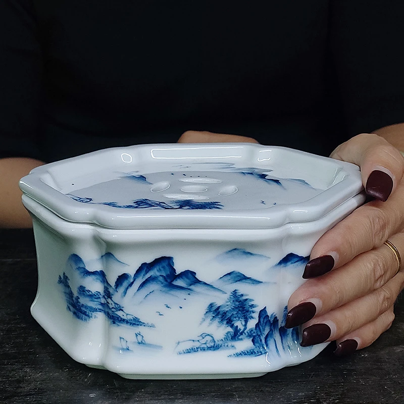 潮州枫溪手绘功夫茶具白瓷家用带茶盘六角潮汕储水青花瓷茶船壶承