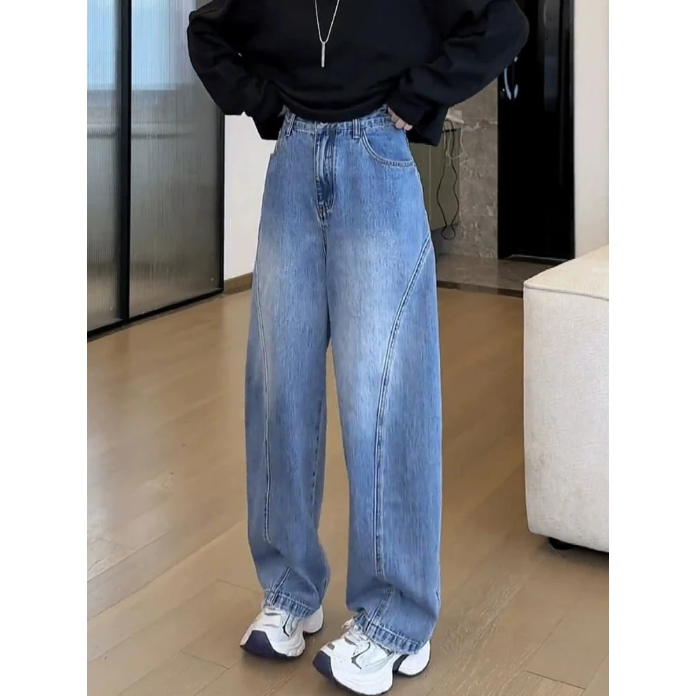 梨形身材弯刀牛仔裤子女早秋新款拖地裤胖mm窄版阔腿裤大码香蕉裤