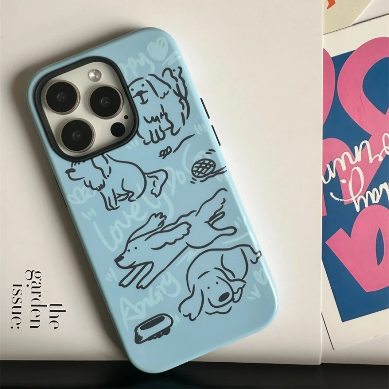 蓝色线条小狗菲林二合一适用苹果17/16promax手机壳15/14保护套13
