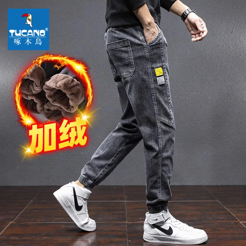 啄木鸟秋冬款冬季2023新款束脚工装男裤加绒加厚男士休闲牛仔裤男