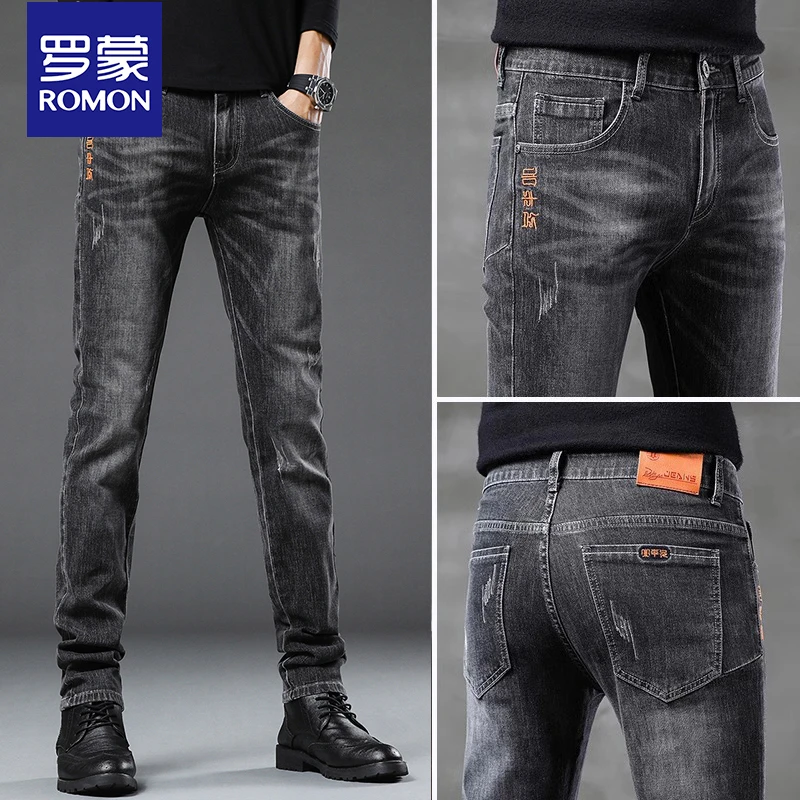 罗蒙刺绣牛仔裤男士潮牌2025春秋季新款弹力修身小脚休闲裤子男款