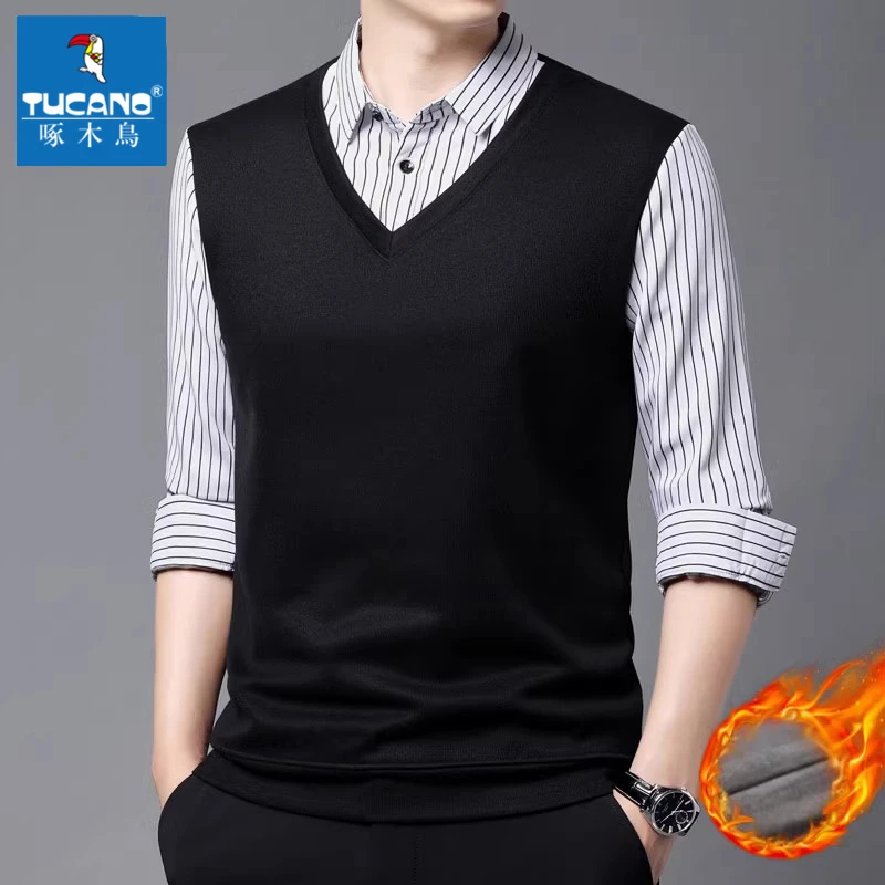 啄木鸟假两件衬衫领衣男款秋冬季高端加绒加厚潮牌休闲针织衫上衣