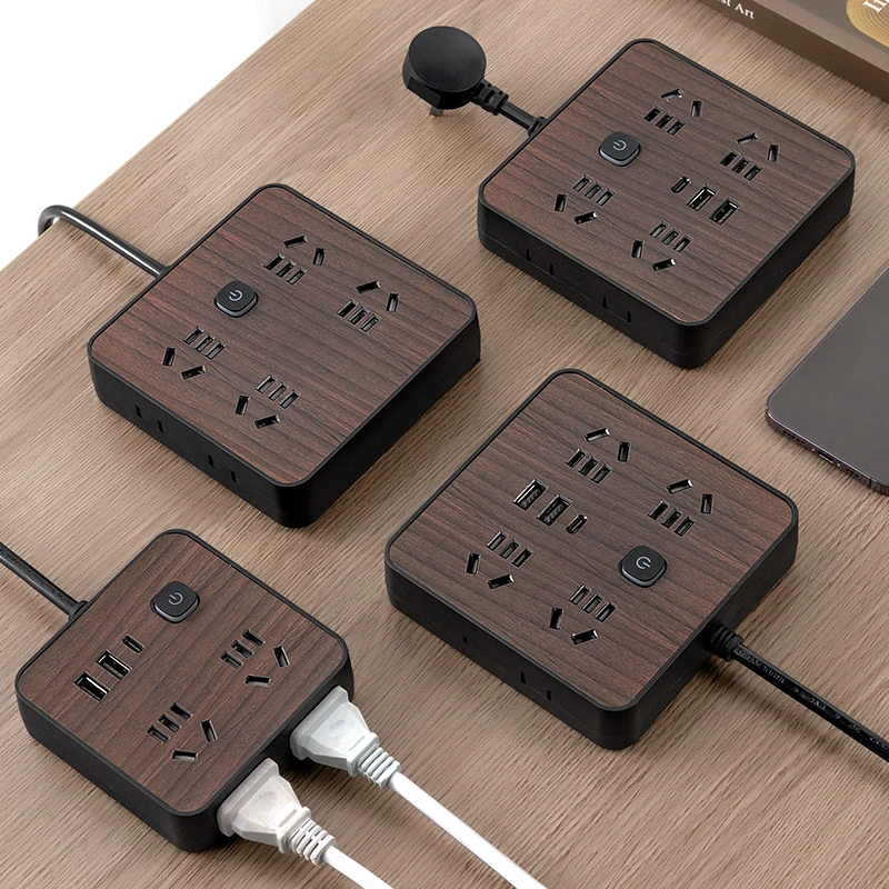 可收线插座带USB木纹侧面插位插座多孔充无线家用多功能插排插座