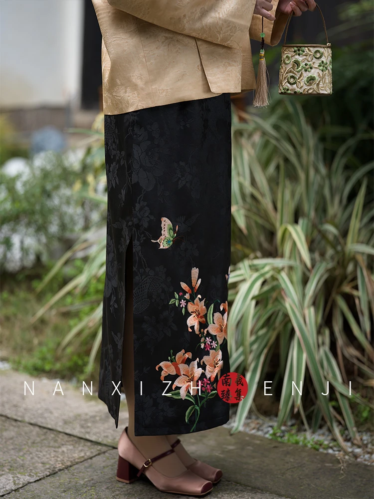 南羲【春日宴】新中式国风提花缎香云纱百搭显瘦气质日常开叉半身裙