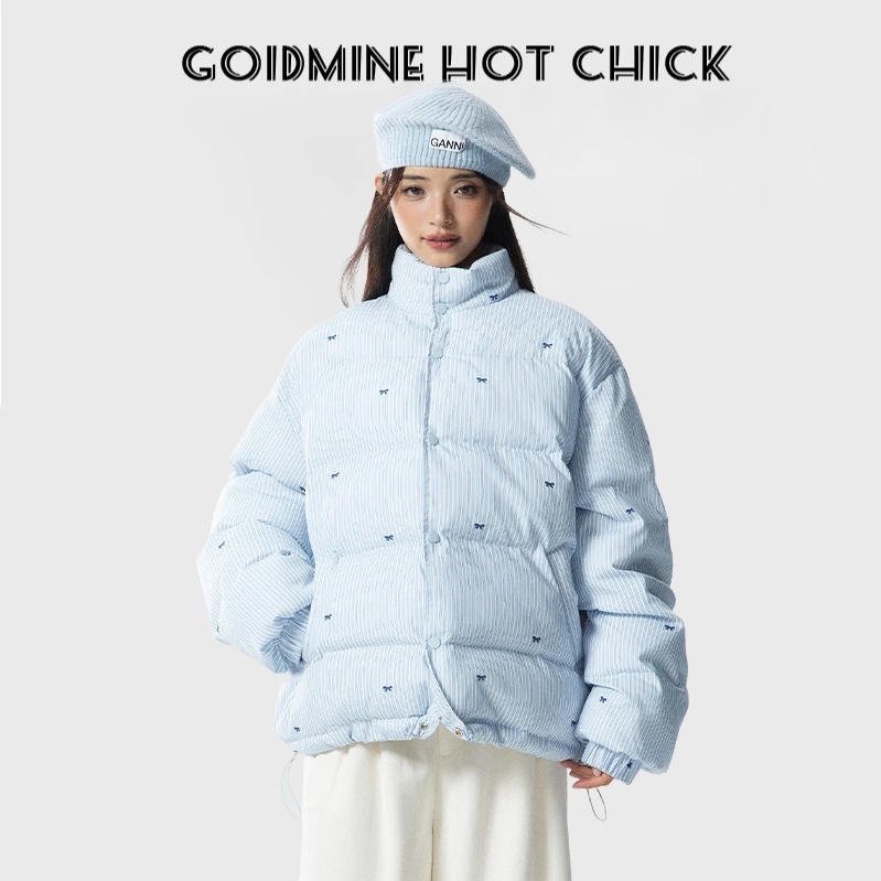 韩系甜美条纹蝴蝶结棉服外套女2024冬季新款加厚保暖立领百搭棉衣