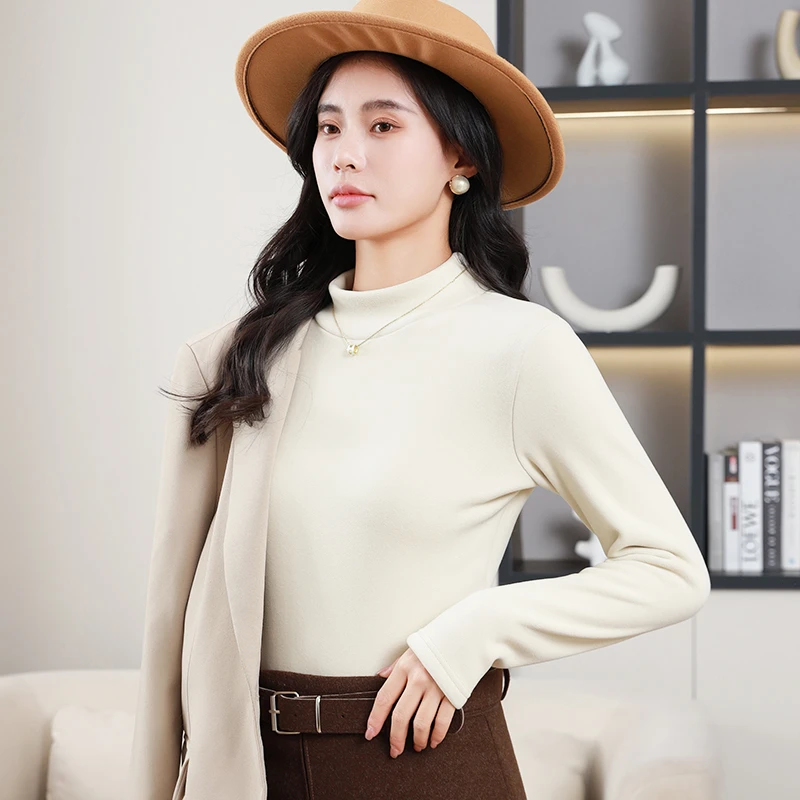 女士时尚半高领秋冬季加绒加厚保暖双面绒打底衫女上衣内搭保暖衣