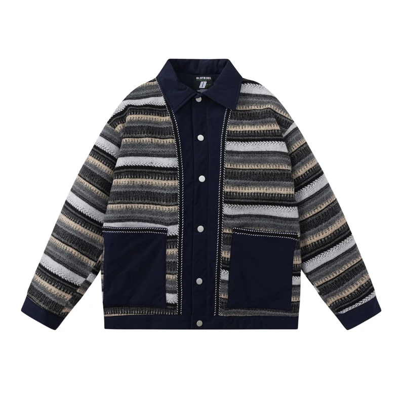 美式潮牌工装拼接条纹翻领棉服男女ins潮流棉衣外套