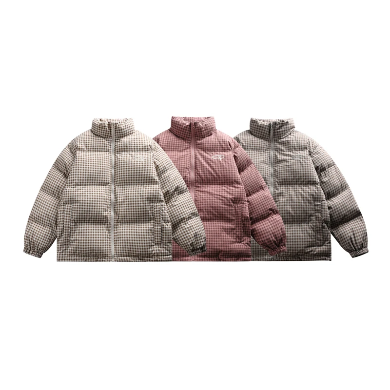 美式潮牌格子宽松休闲立领纯色百搭棉服潮流情侣冬季加厚外套