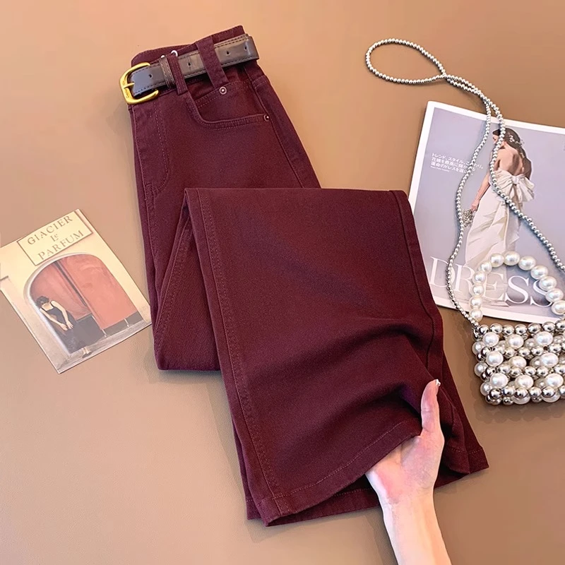安可拉红爆款窄版阔腿牛仔裤女2025新款秋冬高腰显瘦休闲裤直筒裤