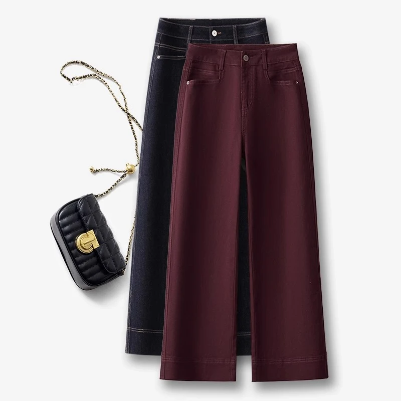 高端安哥拉红加绒牛仔阔腿裤女秋冬新款2025复古爆款深色直筒裤子