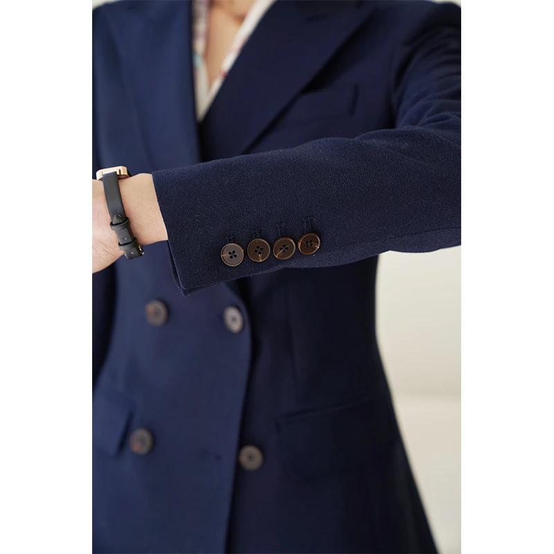 百万专属 春秋藏青提花双排扣修身职业通勤西装套装女