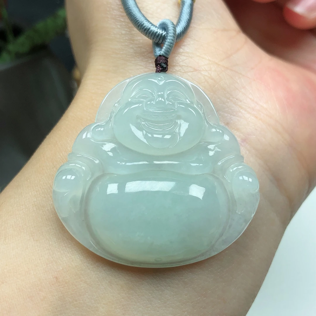 天然缅甸A货翡翠老坑料冰润起胶白冰大肚笑佛佛公吊坠
