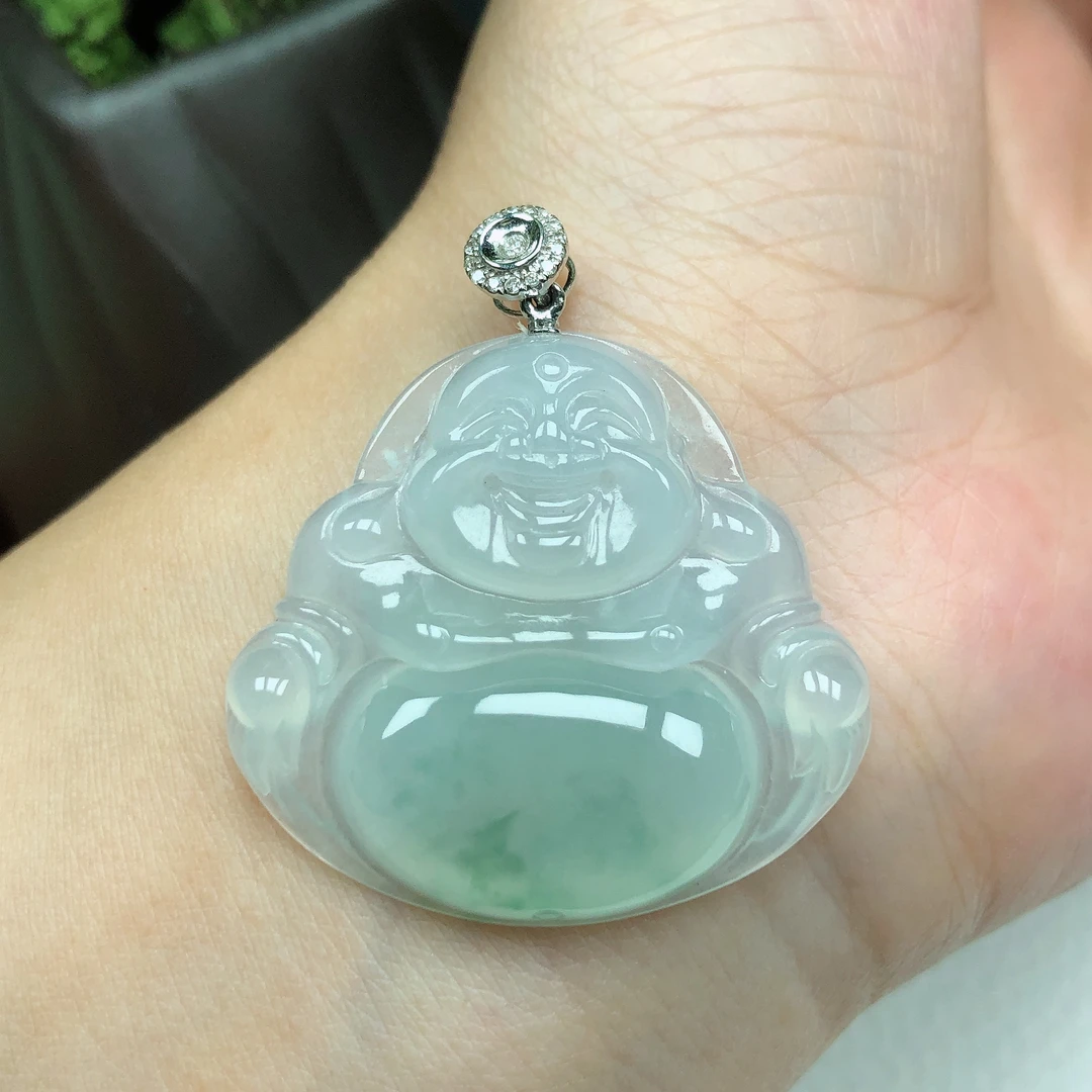 天然缅甸A货翡翠老坑种冰润起胶18K金镶嵌冰飘绿大肚笑佛佛公吊坠