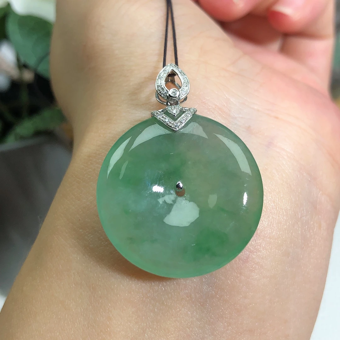 天然缅甸A货翡翠18K金镶老坑冰润起胶精美飘绿平安扣吊坠27*5.5