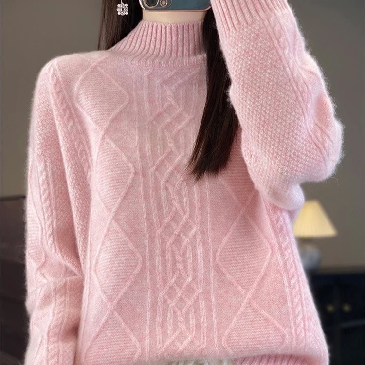 秋冬新款纯色半高领100纯羊毛针织衫女菱形绞花时尚显瘦打底毛衣