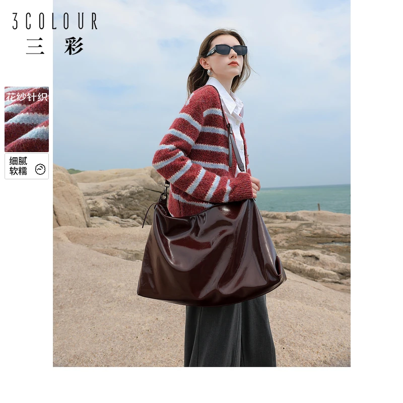 三彩女装冬季新款安可拉红条纹花纱针织衫V领毛衣开衫外套复古女M