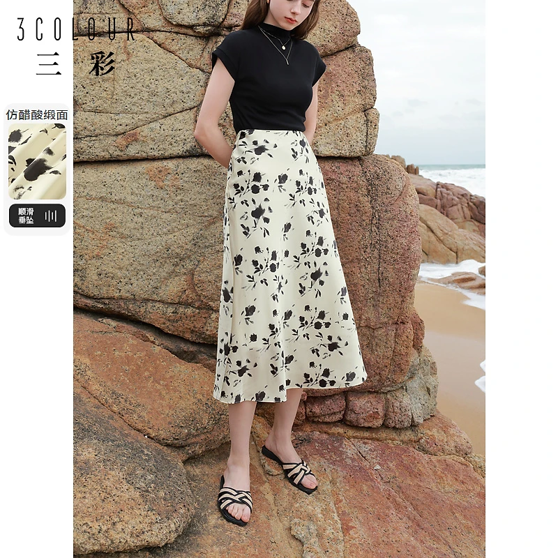 三彩女装2024新款奶油玫瑰半身裙高腰鱼尾裙浪漫中长裙优雅气质女