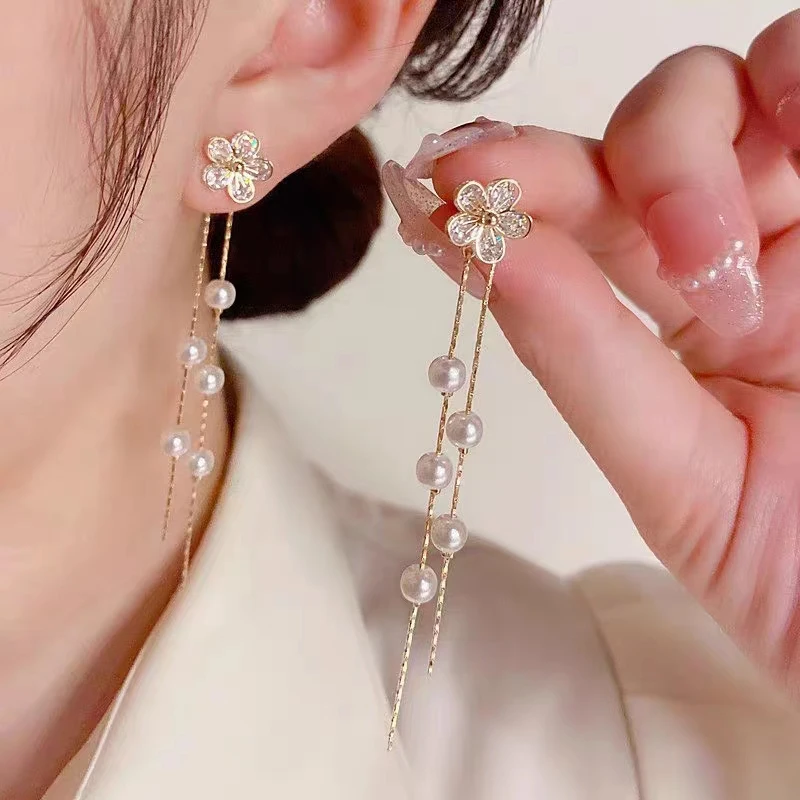 925银仿珍珠耳饰 气质银针耳饰锆石花朵两戴百搭流苏耳环超仙耳坠