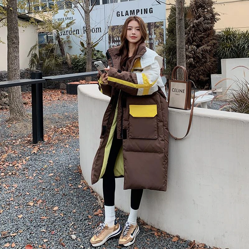 撞色面包保暖棉衣棉服女中长版过膝冬外套加厚2023炸街设计感棉袄