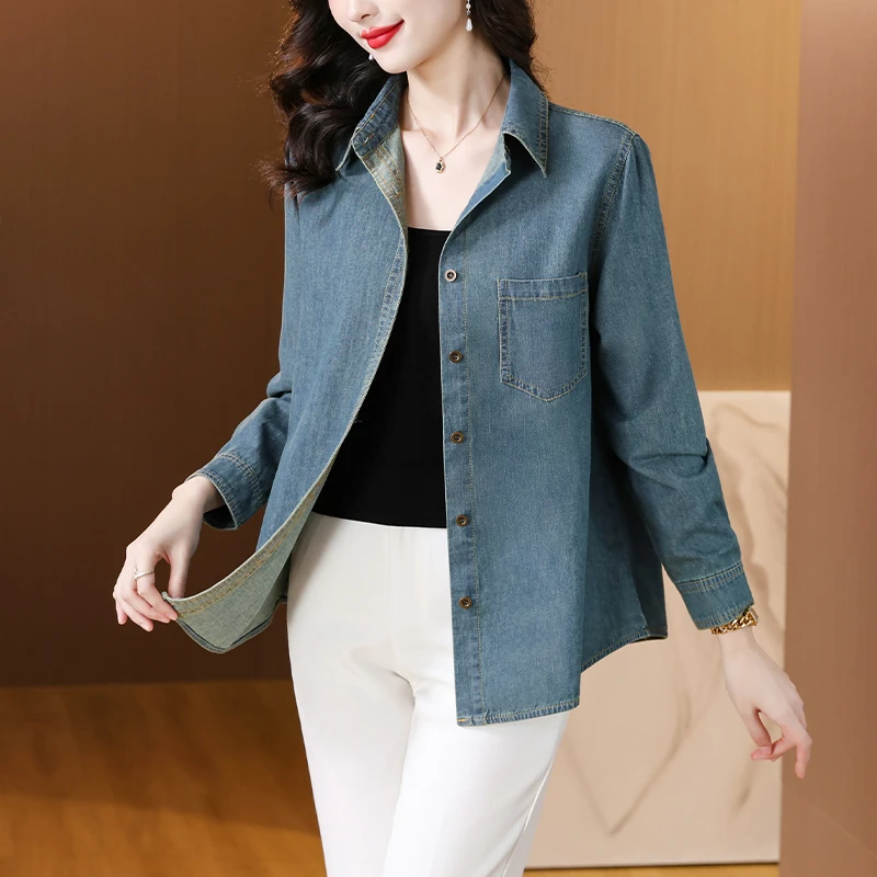 妈妈春秋装衬衫九分袖牛仔休闲中老年大码宽松时尚开衫外套上衣