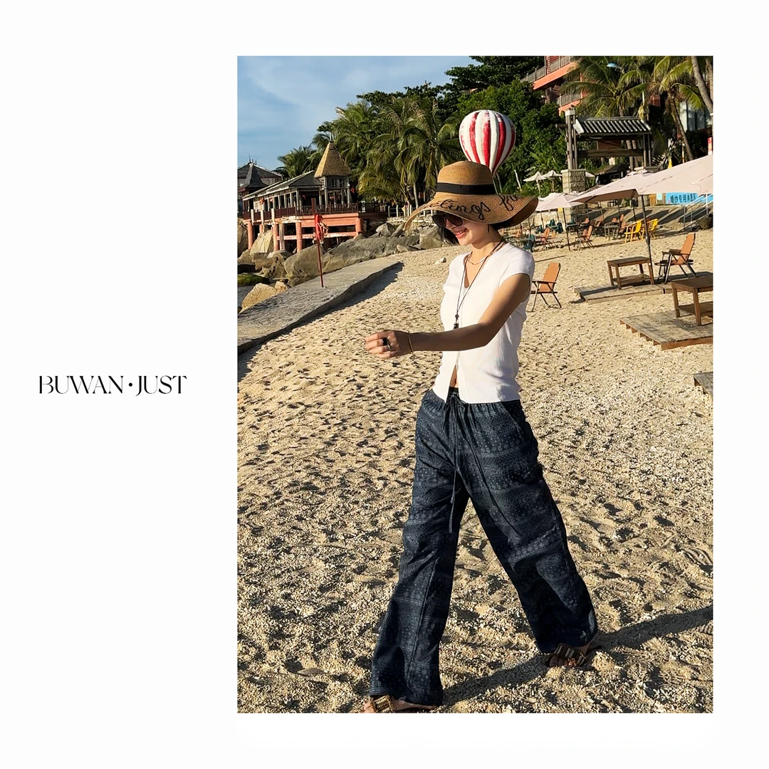 BUWANJUST 【海女】高品定制腰果印花天丝抽绳休闲裤 B655
