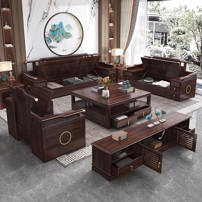 新中式乌金木实木沙发别墅冬夏两用现代客厅2024新款储物全套家具