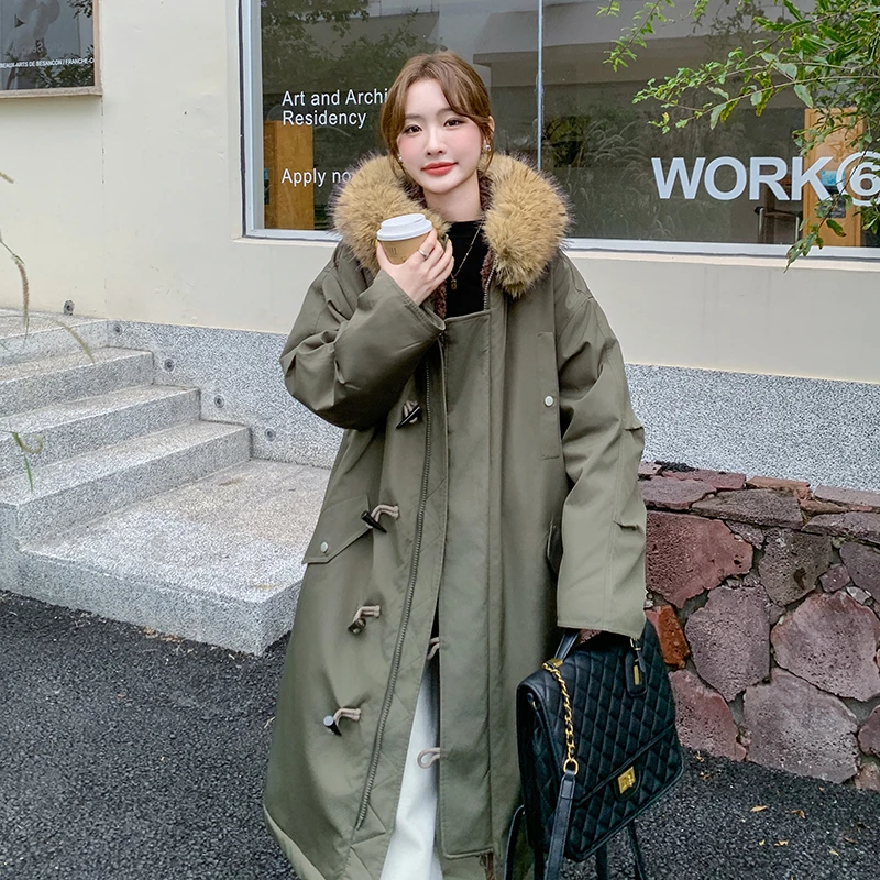 韩版时尚长款加厚派克棉服女2024年冬季新款显瘦保暖连帽棉袄棉衣