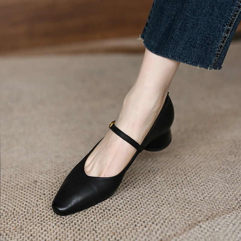 夏小天玛丽珍鞋女低跟法式复古粗跟小方头黑色一字扣带浅口单鞋