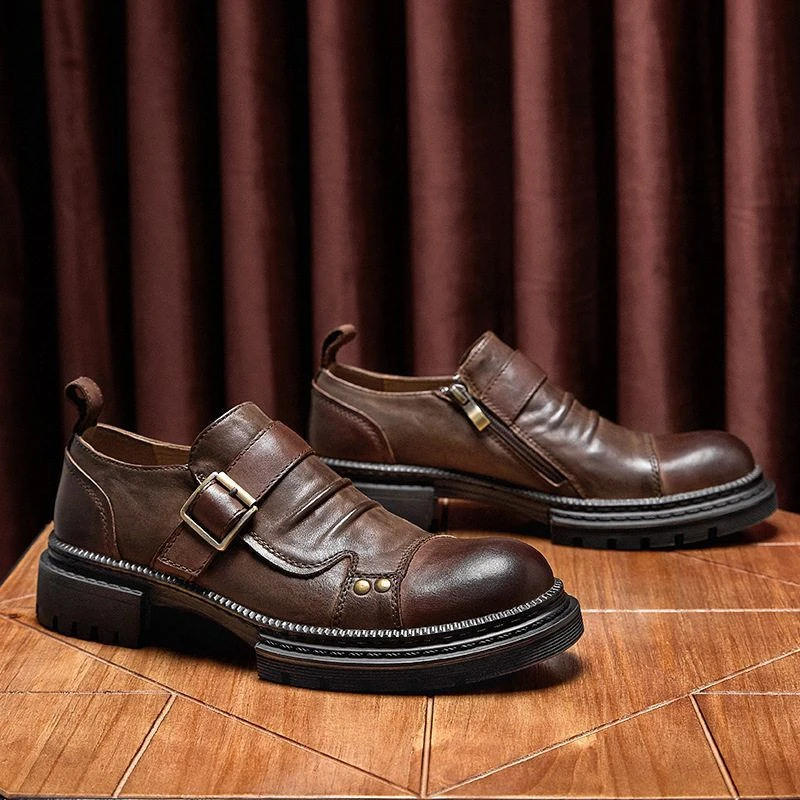 英伦皮鞋男真皮厚底一脚蹬男鞋复古休闲头层牛皮2024秋季新款皮鞋