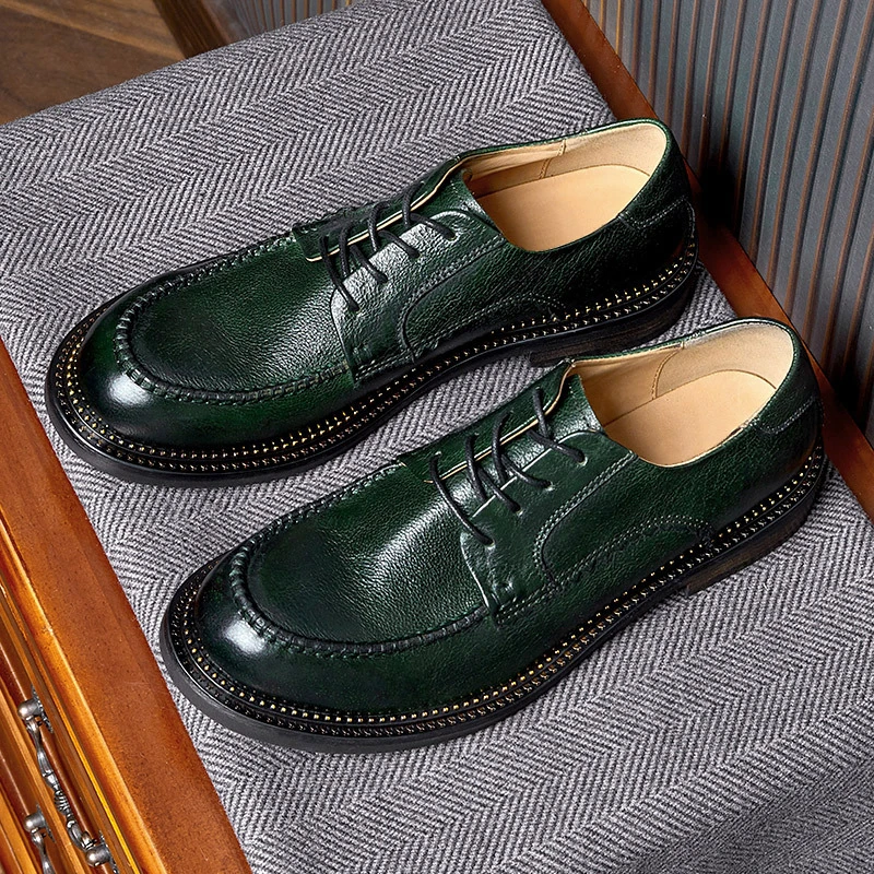 手工头层牛皮男鞋复古英伦风大头皮鞋男士真皮系带商务正装休闲鞋