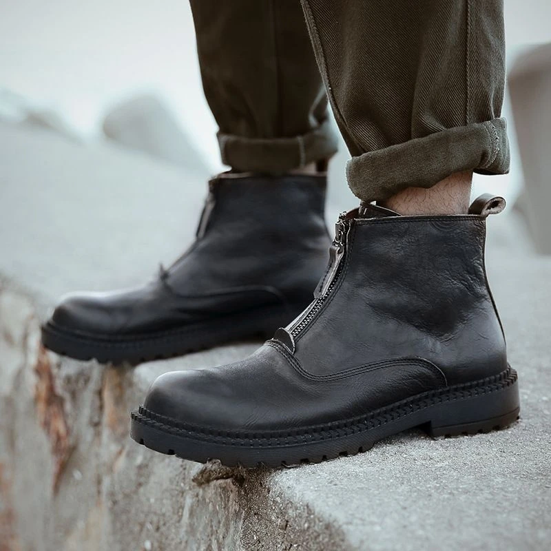 秋冬新款马丁靴男高帮英伦风真皮皮鞋复古韩版百搭加绒工装靴潮流