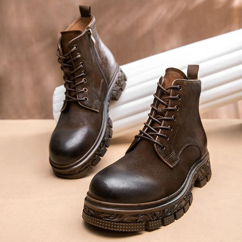 复古风厚底工装靴男士休闲牛皮短靴机车增高拉链中帮马丁靴男真皮