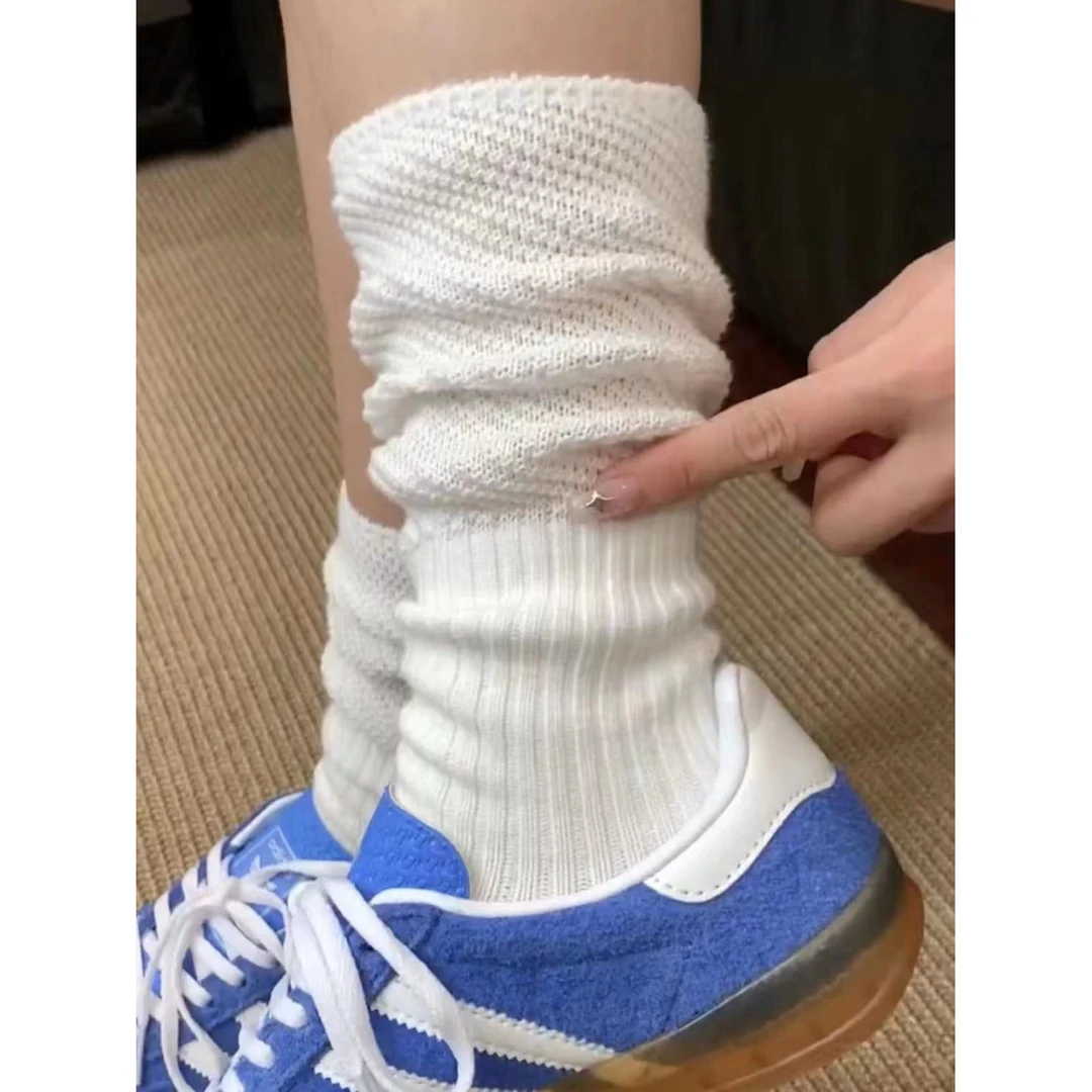 拼接透气袜子女秋季粗线针织颗粒拼纱纯色推推长袜日系百搭小腿袜