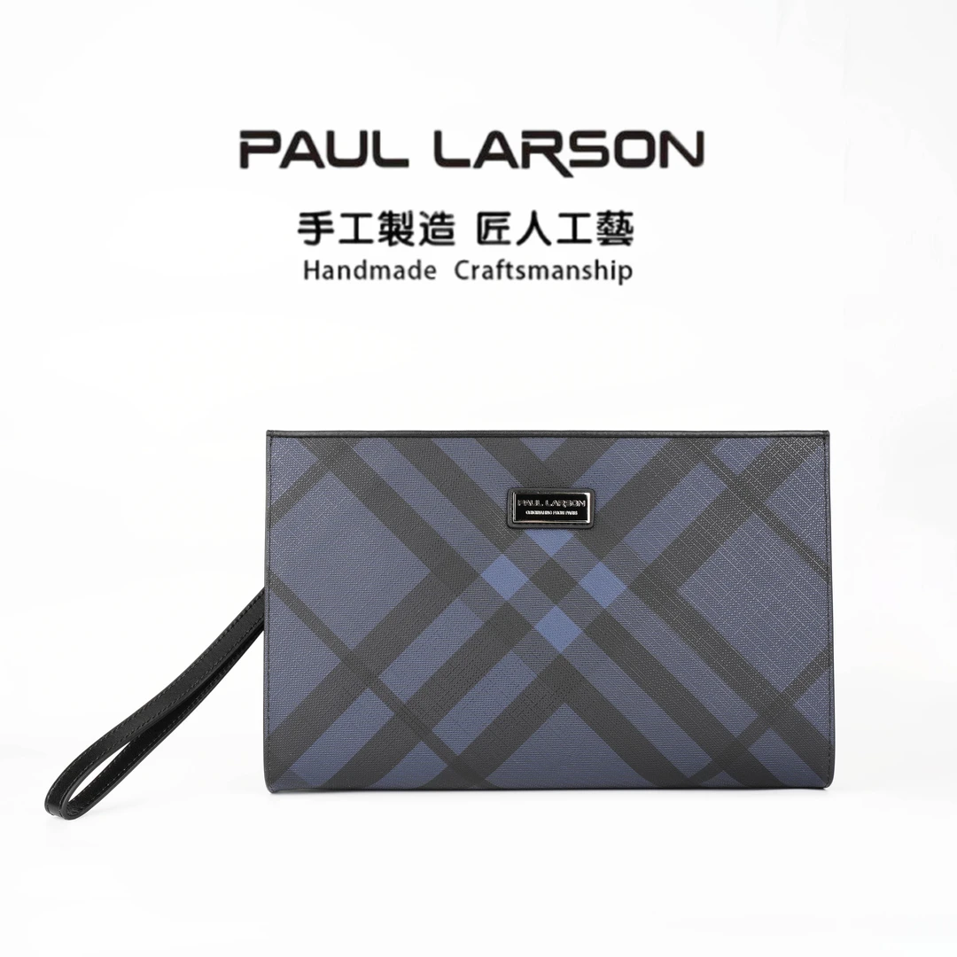 新款休闲格纹真皮男士手拿包2024潮流百搭男手抓包时尚拼色男式包