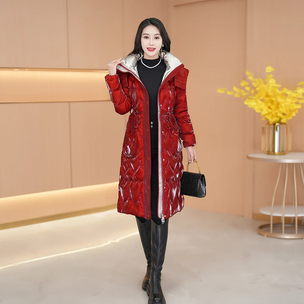 【国标羽绒】2025年新款反季爆款时尚白鸭绒女士红色羽绒服长款