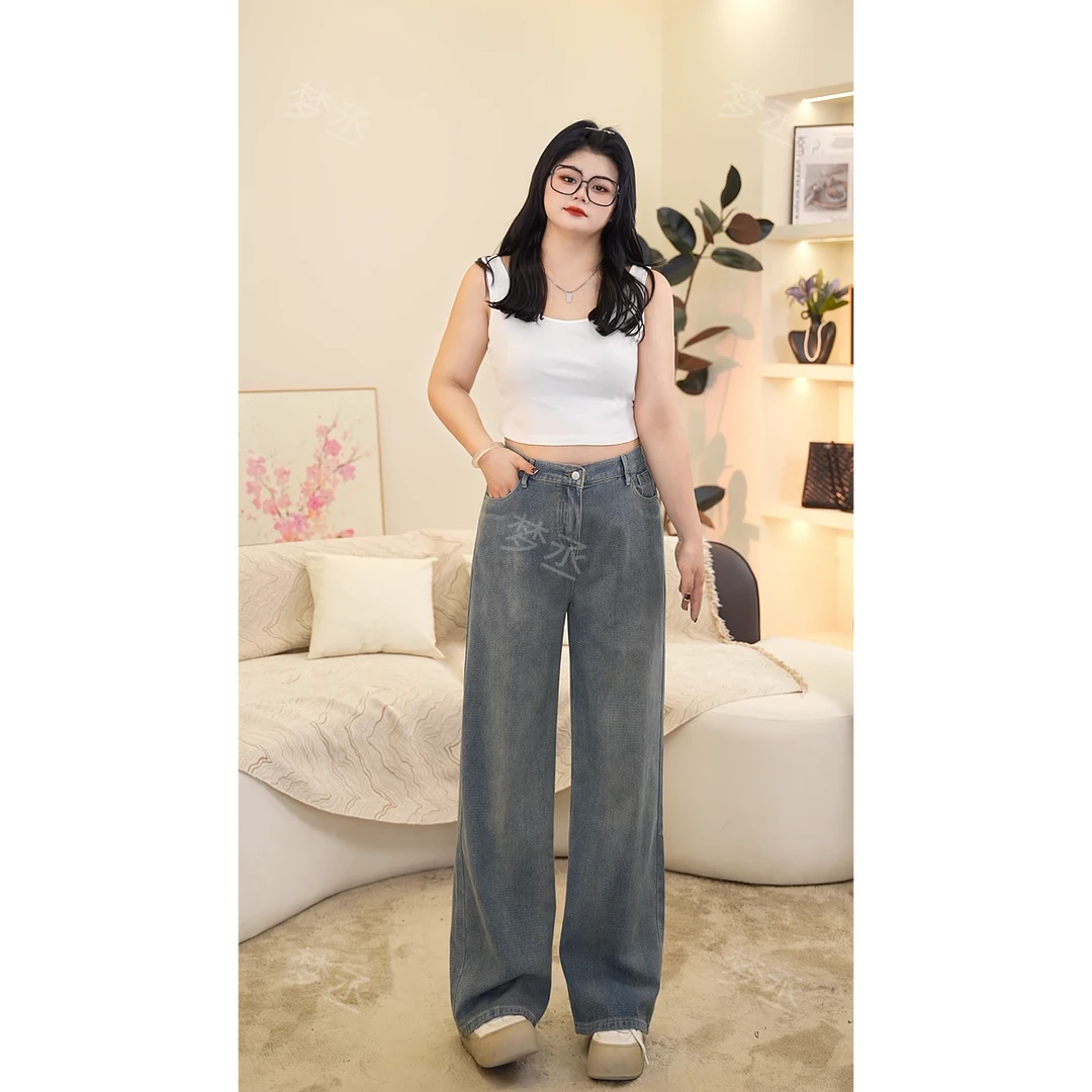 胖mm大码女装宽松柔软蓝色显瘦遮肉简约百搭无弹复古软牛仔裤子女