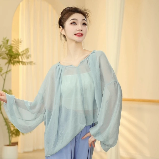 3413 D舞蹈服女现代形体练功跳舞专用成人日常轻纱泡泡长袖上衣