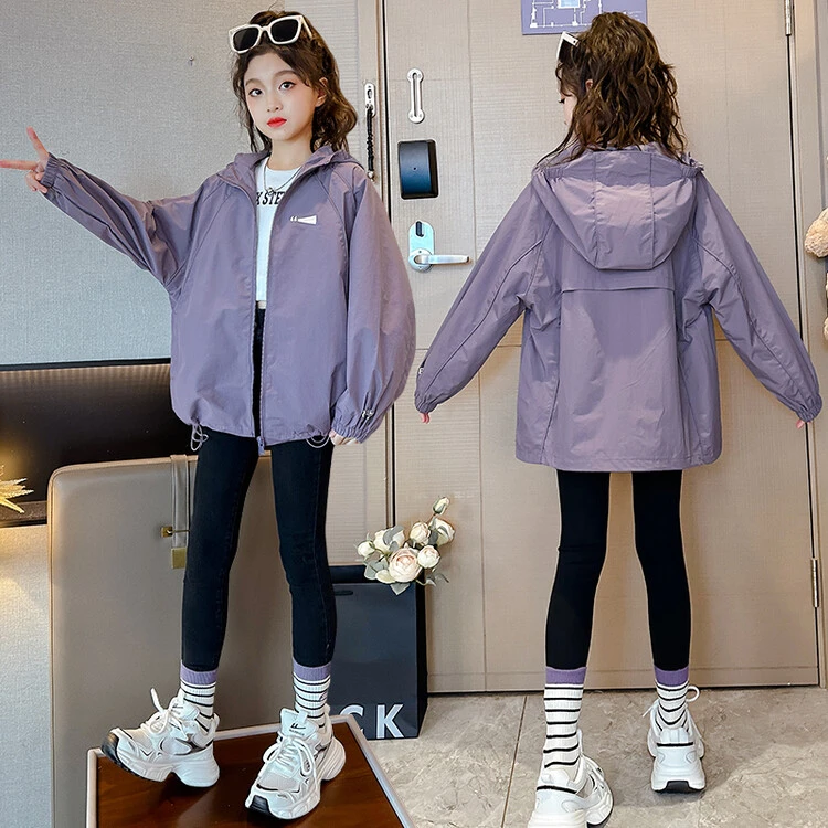 女童风衣外套春装2024新款洋气儿童宽松休闲中大童网红连帽上衣