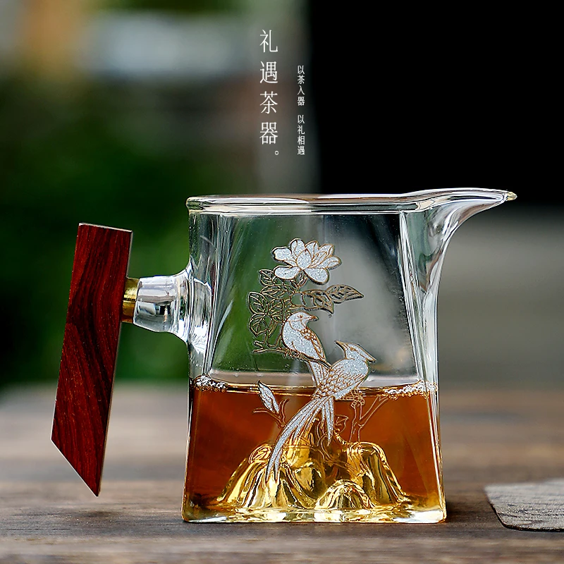 鸟语花香耐热玻璃木把公道杯日式加厚分茶器大容量家用公杯茶道