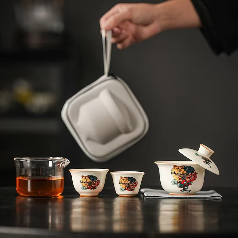 复古草木灰招财猫旅行茶具套装悬停盖碗一壶两杯陶瓷快客杯出差