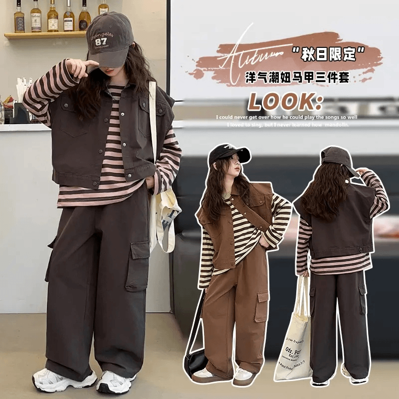 女童秋季工装套装2024新款儿童时髦秋装女大童春秋款韩范三件套潮