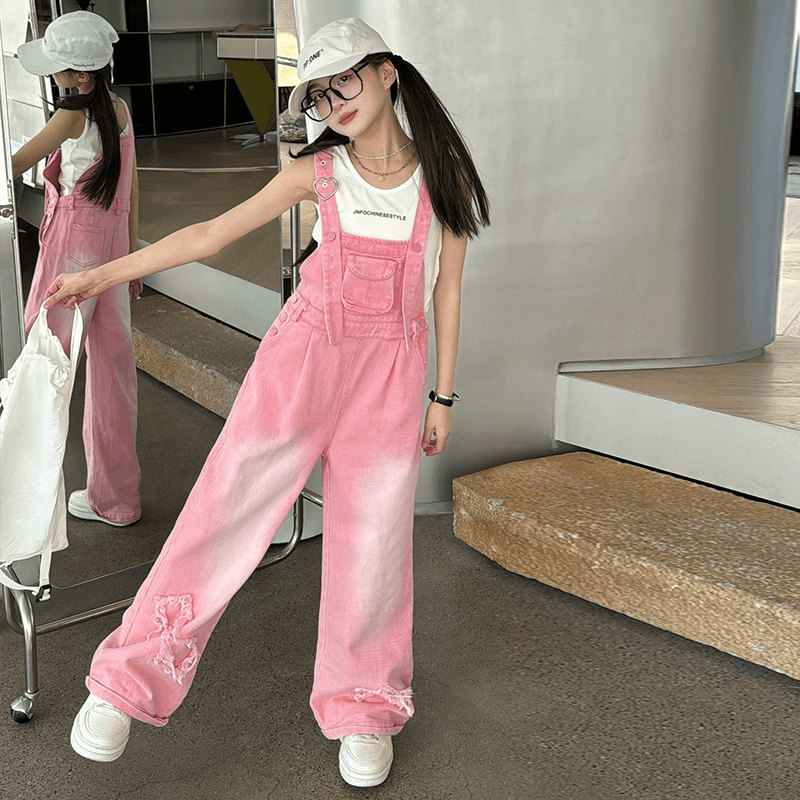 女童春夏季背带裤2024新款洋气儿童春装渐变色牛仔裤女孩时髦长裤