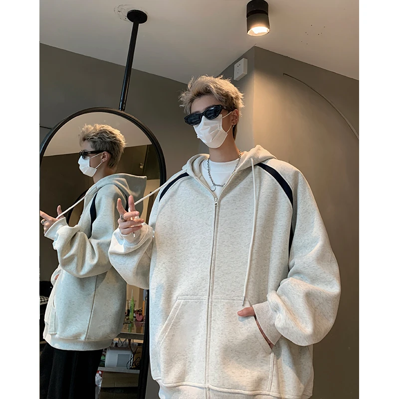 条纹撞色连帽卫衣男士2024秋季新款百搭设计感开衫卫衣连帽款