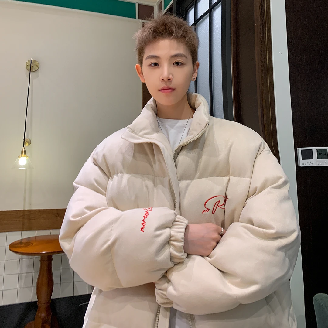 秋冬季美式立领纯色棉衣男士防风保暖皮面棉服港风宽松百搭棉袄潮