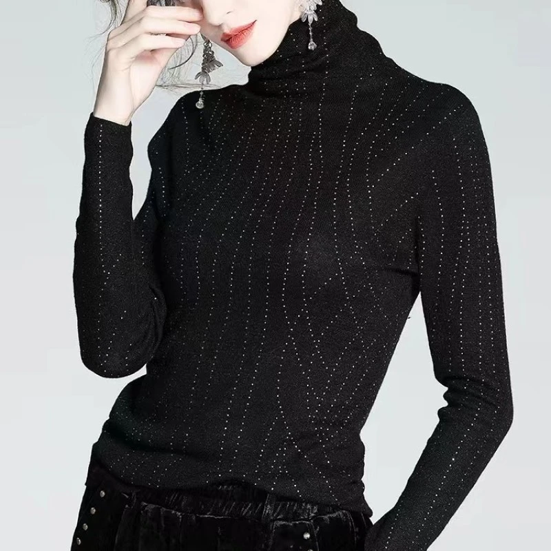 烫钻显瘦针织衫柔软亲肤针织打底衫秋冬女款堆堆领长袖羊毛针织衫