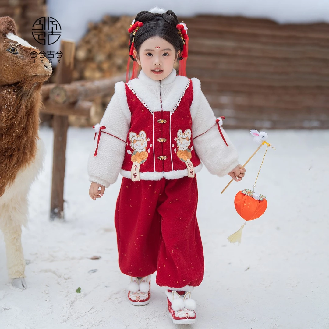 今兮古兮【迎朵】冬季女童加厚儿童中国风红色喜庆拜年服裤子两件套