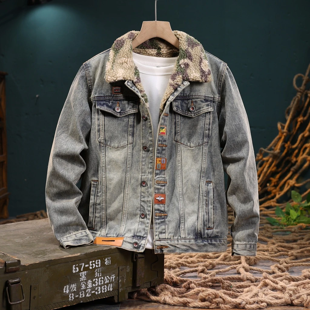 【优选F】加绒加厚秋冬新款复古色牛仔外套男装保暖厚夹克JK717